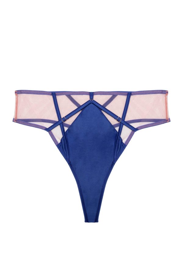 Ramona Cobalt Blue Strap Detail Illusion Mesh High Waisted Thong Online Sale