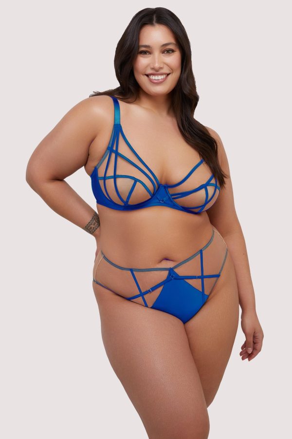 Ramona Cobalt Blue Strap Detail Illusion Mesh High Waisted Thong Online Sale